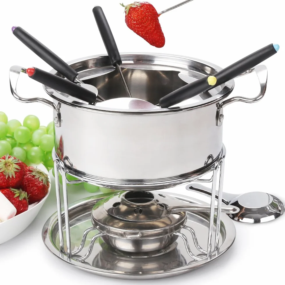 Set de Fondue de Queso para 6 Personas Fondue de Acero Inoxidable Hogar DIY Fondue de Carne y Queso Juego de Fondue con Quemador Perfecto para una Fiesta de Vacaciones（Plata o2）