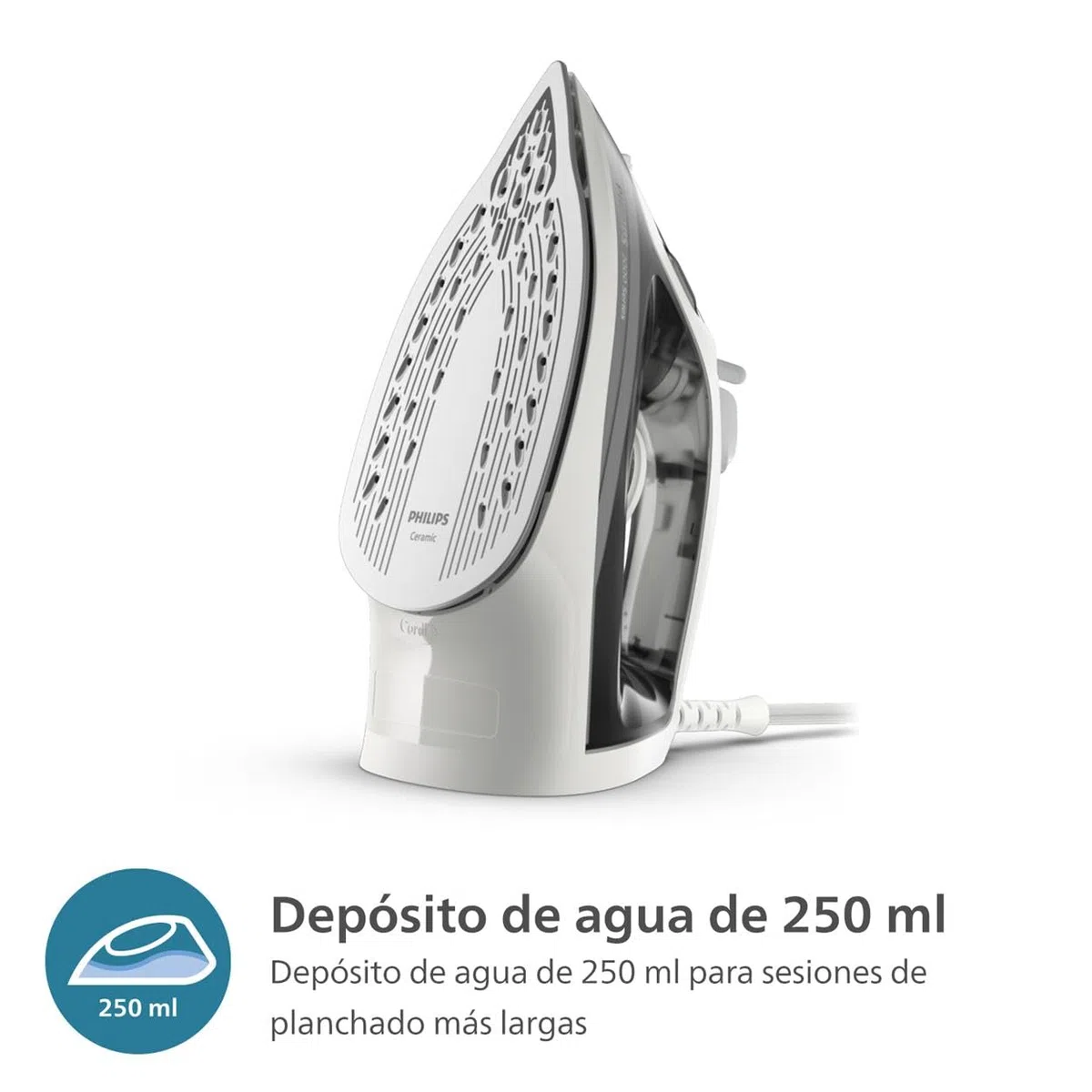 Philips Plancha de vapor Serie 2000 - Hasta 25 g/min de vapor continuo. 2000 W. Depósito de 250 ml. Eliminación rápida de arrugas. 4 ajustes de vapor. Suela de cerámica. Ligera. Gris (DST2020/80)