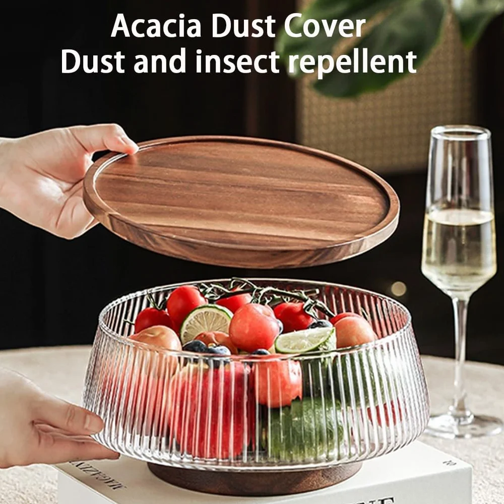 Juego de bandeja de frutas y ensaladera de madera de acacia, plato de servir de pie alto para frutas y ensaladas, diseño acanalado, base de madera grande, perfecta para entretenimiento y decoración