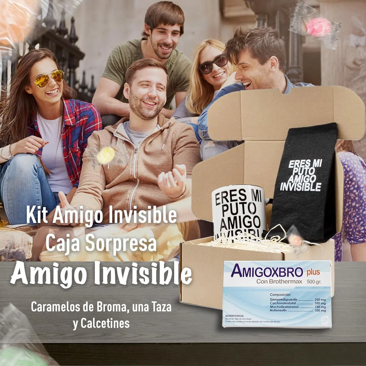 Kit Amigo Invisible - Taza Eres Mi Puto | Calcetín 40-46 | Pharmacoña | Regalos Originales Ideal Para Sorprender
