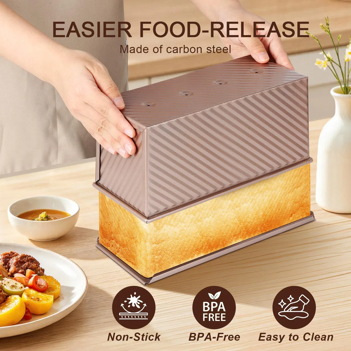 VINATO Molde Pan Horno, (32x12x11.5CM) Dimensiones Grandes, PARA 1000 G DE MASA，De Acero Al Carbono, Molde Para Pan Con Tapa Antiadherente, Ideal Para Tostadas, Brotbackform