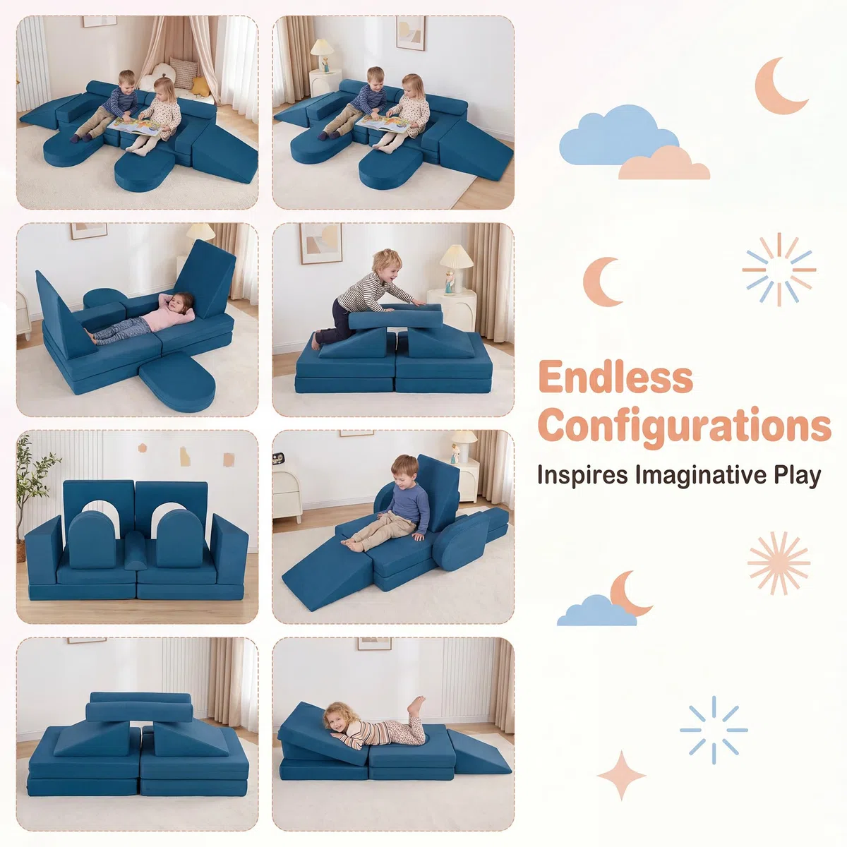 Lifezeal - Sofá infantil modular de 10 piezas, sillón infantil convertible de espuma con tejido de ante suave y fundas con cremallera lavables a máquina, sofá de juego plegable para bebé de 3 años