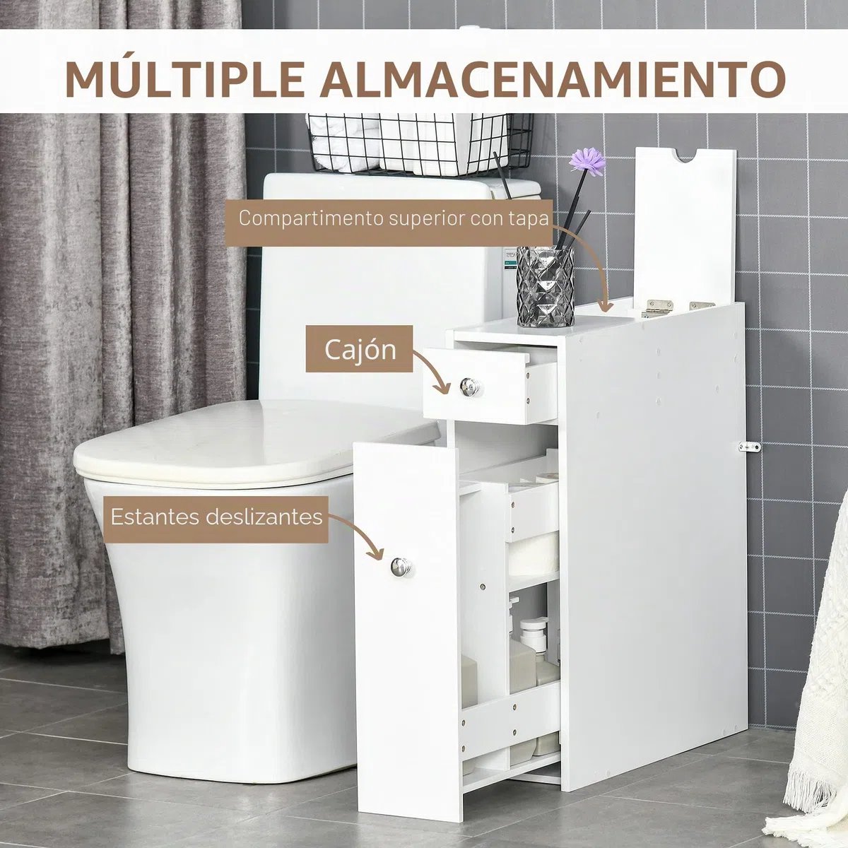 HOMCOM Armario Auxiliar de Baño Mueble de Baño Estrecho con 2 Cajones y Compartimiento Superior con Tapa para Lavabo Ducha 17x48x58 cm Blanco