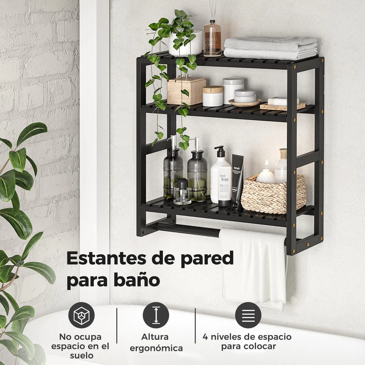 Bamworld Estantes flotantes de almacenamiento de baño de 3 niveles – Bambú multifuncional ajustable sobre estante de inodoro organizador de baño para ahorrar espacio almacenamiento de montaje en pared