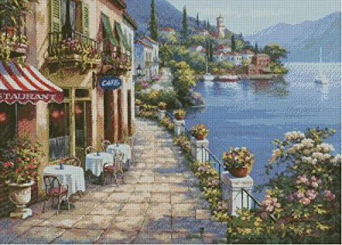 sweet home Lakeside Street - Kit de punto de cruz, 14 quilates, hilo de algodón egipcio de 300 x 214 puntos, 64 x 49 cm, kits de punto de cruz