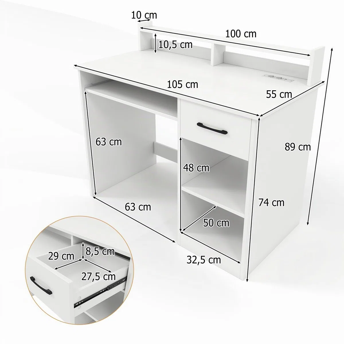 GYMAX Escritorio de Computadora con Estación de Carga, Escritorio de Estudio de 105 CM con Estantes y Cajón, Orificio para Gestión de Cables, Escritorio Moderno y Simple para Dormitorio, Blanco