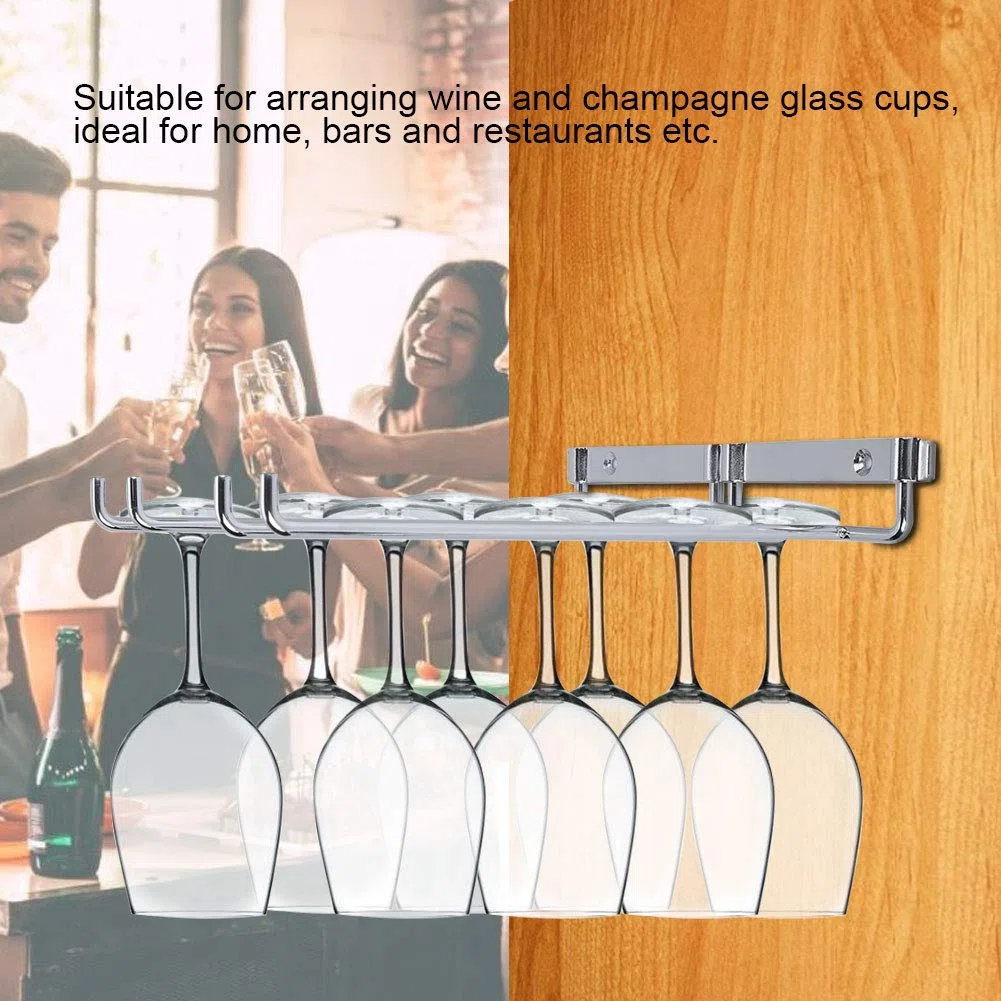 Tyenaza Colgador de Copas de Vino, Soporte Copas Colgante, Debajo del Gabinete Estante para Vino, Estante para Copas de Vino de Pared Cromado de Doble Fila, para Hogar Bar Restaurante(26x25x4cm)
