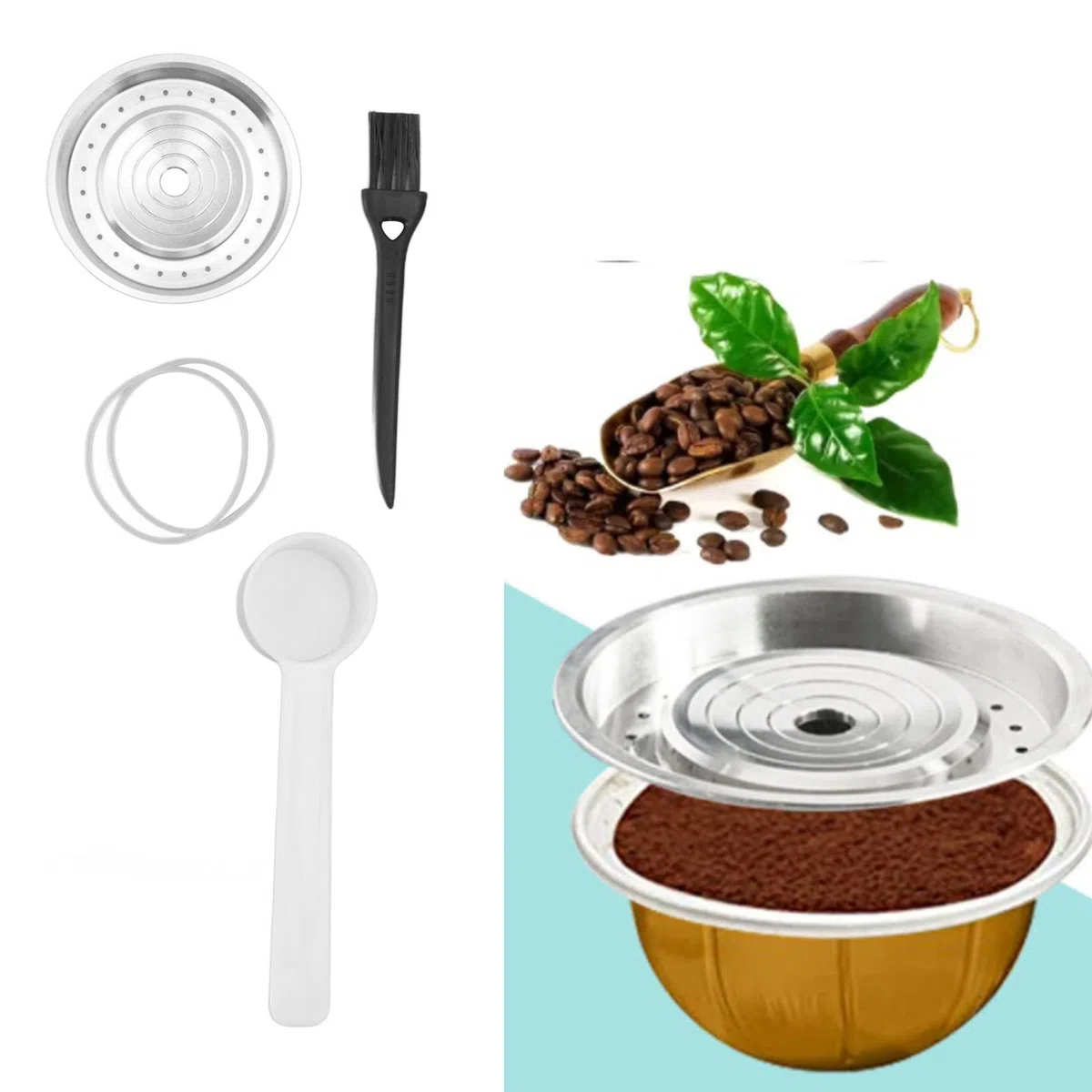 Tapa de Cápsula de café Reutilizable, Tapa de Cápsula de Acero Inoxidable 304 Tapa de Sello de Cápsula de café Recargable Reutilizable para Cápsulas Recargables con Pala y