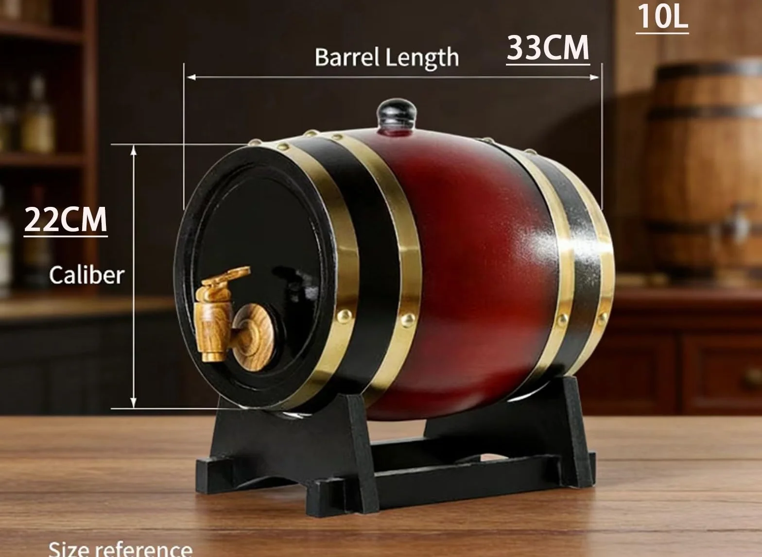 Barril de Vino de Madera Vintage de 5l/10l/15l/20l/30l/50l, Barriles con Soporte, Revestimiento de Papel de Aluminio, Ideal para Cueva de Hombre, Pub(F,10L)