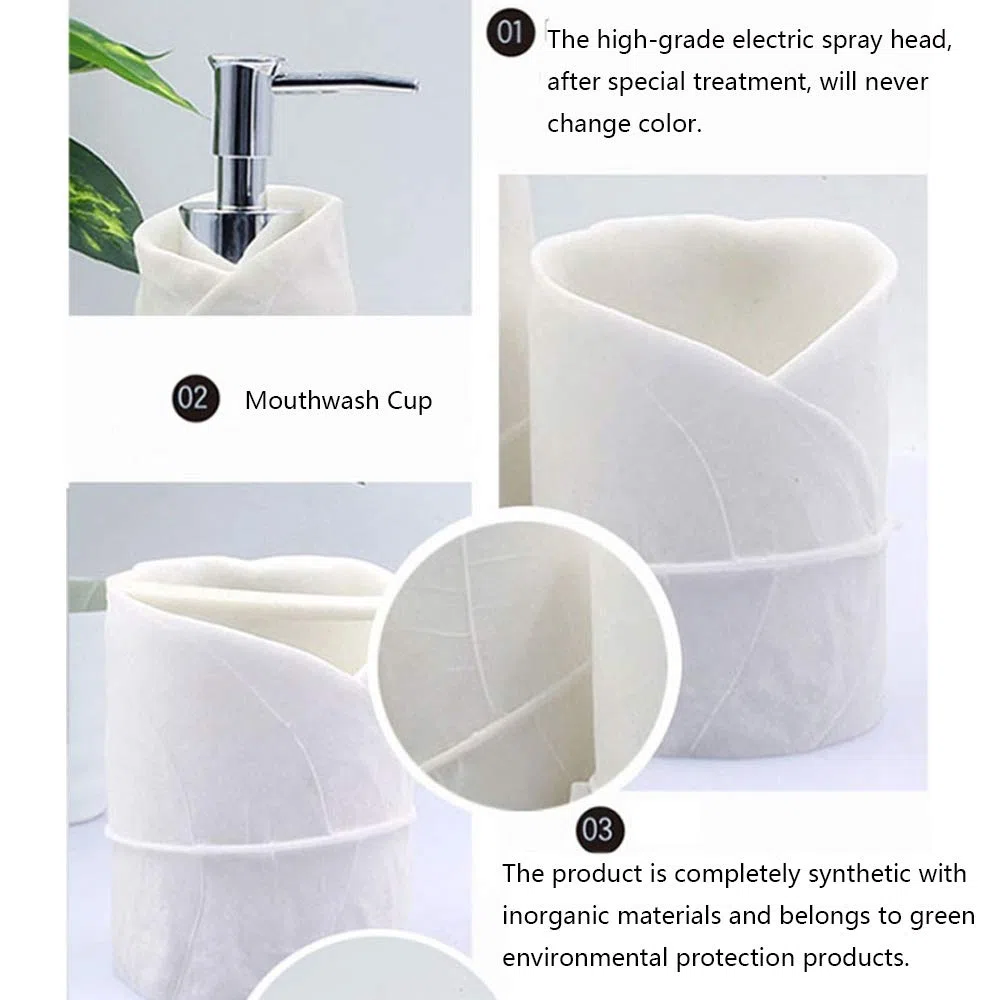 Estilo Moderno Blanco Juego de Accesorios de Baño de Resina Conjunto de Baño con Porta Cepillo de Dientes, 2 Tazas, Dispensador de Jabón Líquido, Jabonera, Diseño de la Hoja,Without Tray