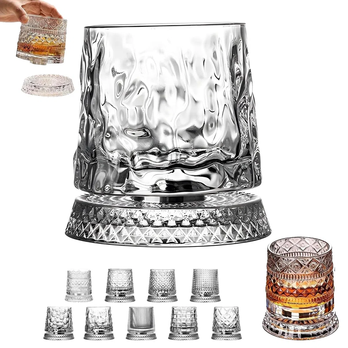 360 Degree Rotating Whiskey Glass, Rotating Crystal Whiskey Tumbler Glass for Bourbon and Cocktails, Spinning Whiskey Glasses for Bar, Home & Gifting (Style-C)