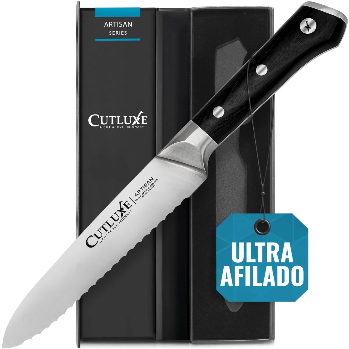 Cutluxe Cuchillo Utilitario Serrado de 13cm - Pequeño Cuchillo Cocina Profesional y Cuchillo de Tomatero - Hoja de Acero Alemán Afilada - Diseño de Mango Ergonómico y Espiga Completa - Serie Artisan