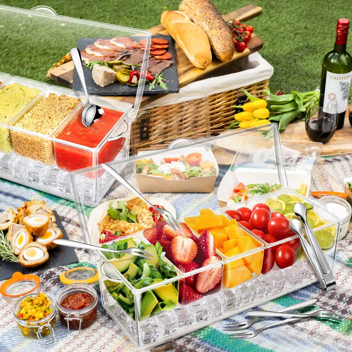 Bandeja de condimentos con vajilla de acero inoxidable, servidor de condimentos refrigerados | Accesorios de barra con 5 cucharas, 5 tenedores y 1 clip con bandejas extraíbles y tapa