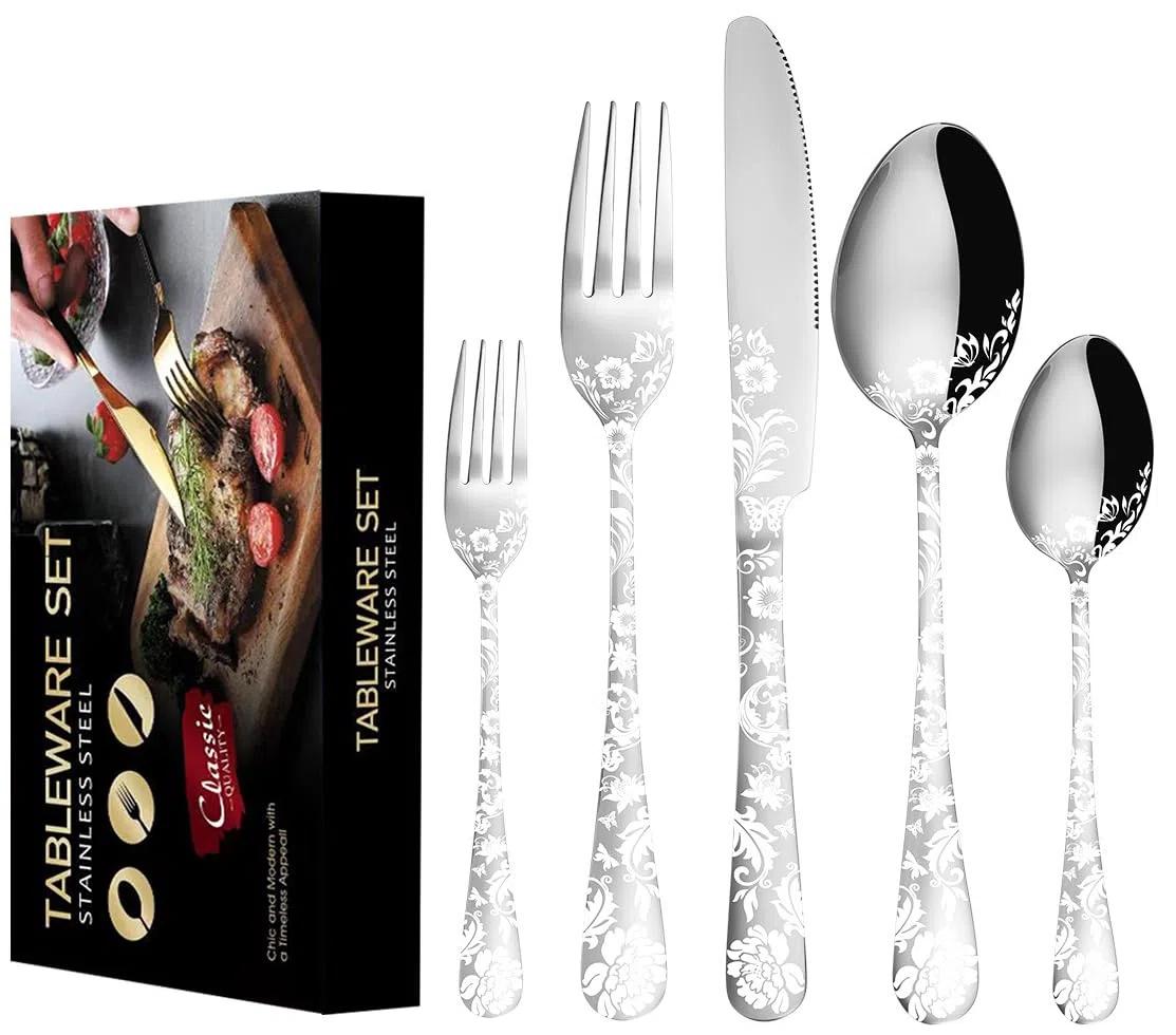 XIAOYU Juego de Cubiertos de Flores de Peonía de 40 Piezas Juego de Cubiertos de Acero Inoxidable para 8 Personas Cuchillos Tenedores Cucharas Utensilios de Cocina