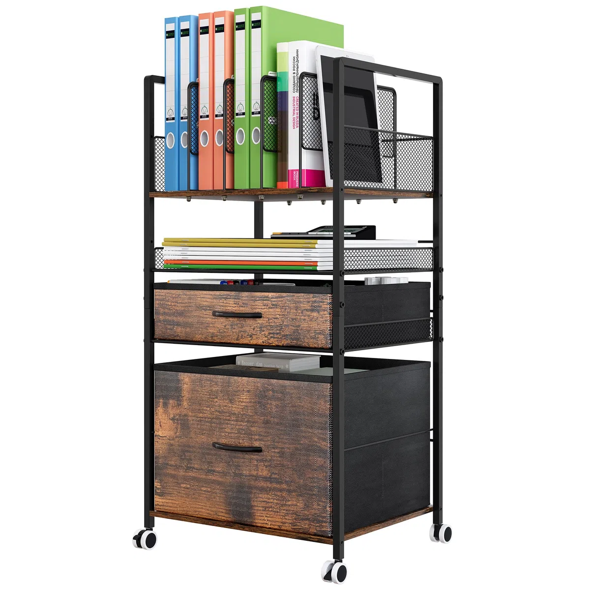 Carrito utilitario rodante de 3 niveles con 2 cajones, organizador de archivos de metal móvil para oficina, escuela, organización del hogar, color negro antiguo