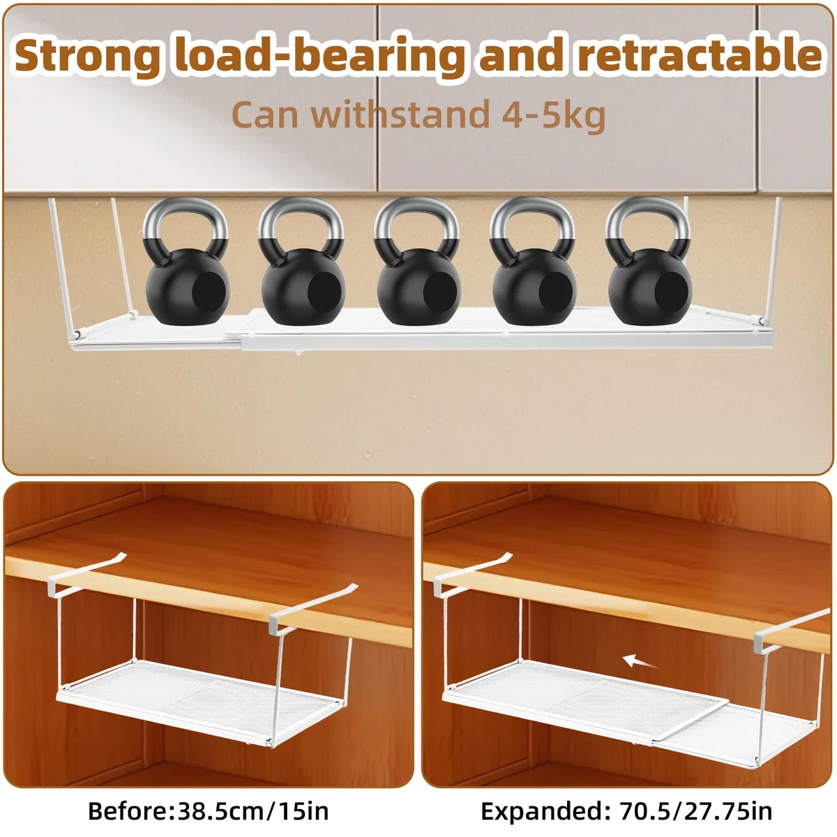 Ajustable Cesta Colgante para Debajo de la Estantería, Almacenaje de Cocina bajo Balda Estante de Metal para Colgar Debajo del Dscritorio 38.5-70 cm, para Armarios de Cocina (Blanco)