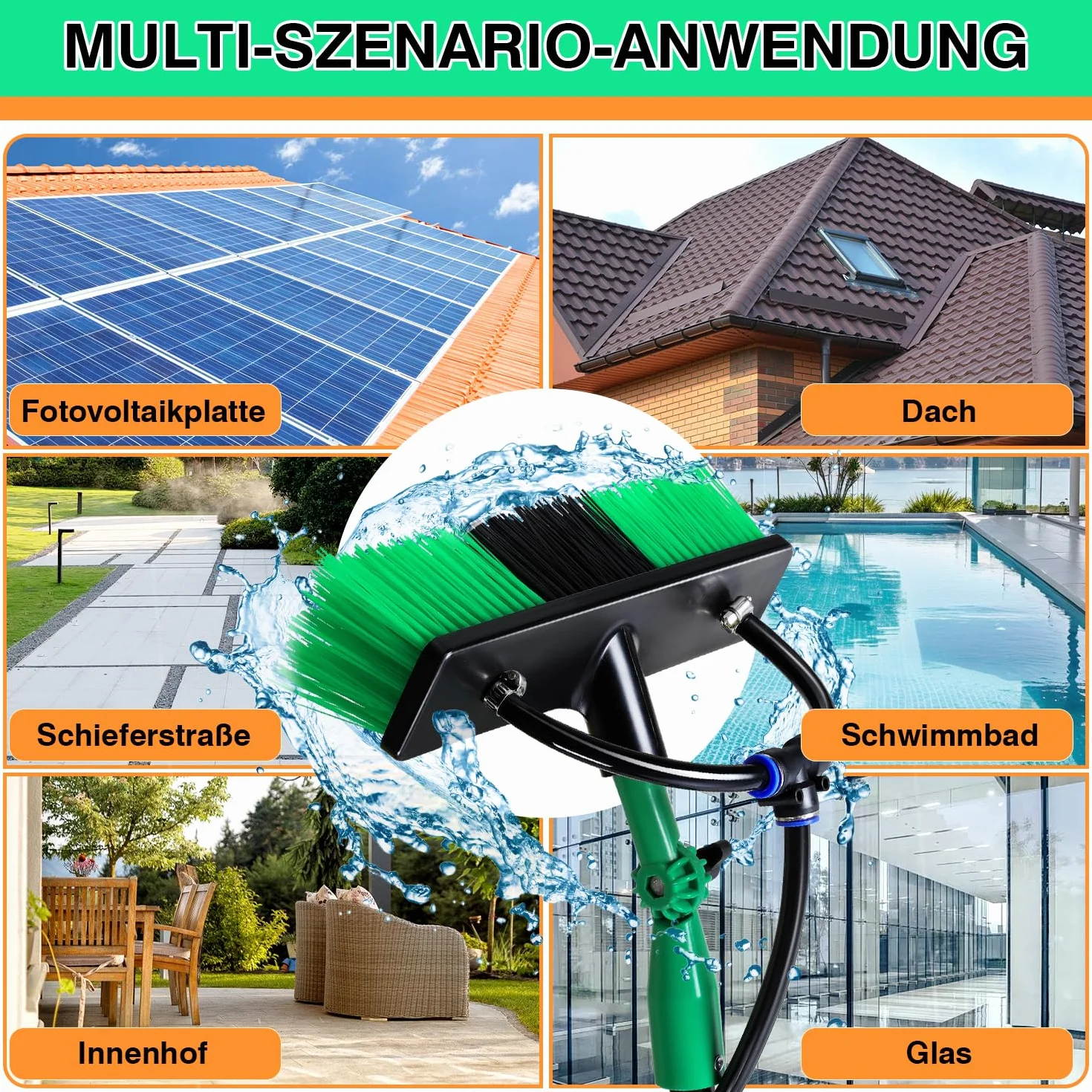 Eulenke Cepillo telescópico de 4,8 m con conexión de agua, cepillo de lavado telescópico, cepillo de lavado con mango telescópico de aluminio, techo de terraza limpio, con cerdas suaves, limpieza de