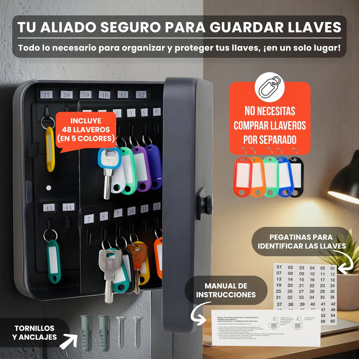 Caja Llaves, Armario para 48 Llaves con Cerradura de Combinación, Armario Llaves en Pared, Caja de Acero Laminado Negro, 48 Llaveros Incluidos, Key Box
