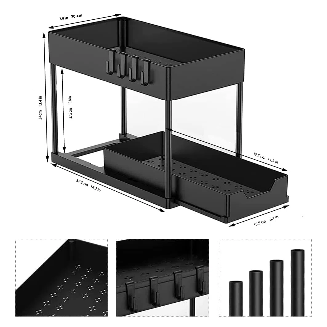 Bnimtm 2 Paquete Organizador Cocina, Estantería Bajo Fregadero, Estante Organizador Mueble Bajo Fregadero Cocina Lavabo（Sin Taza Colgante, Negro）