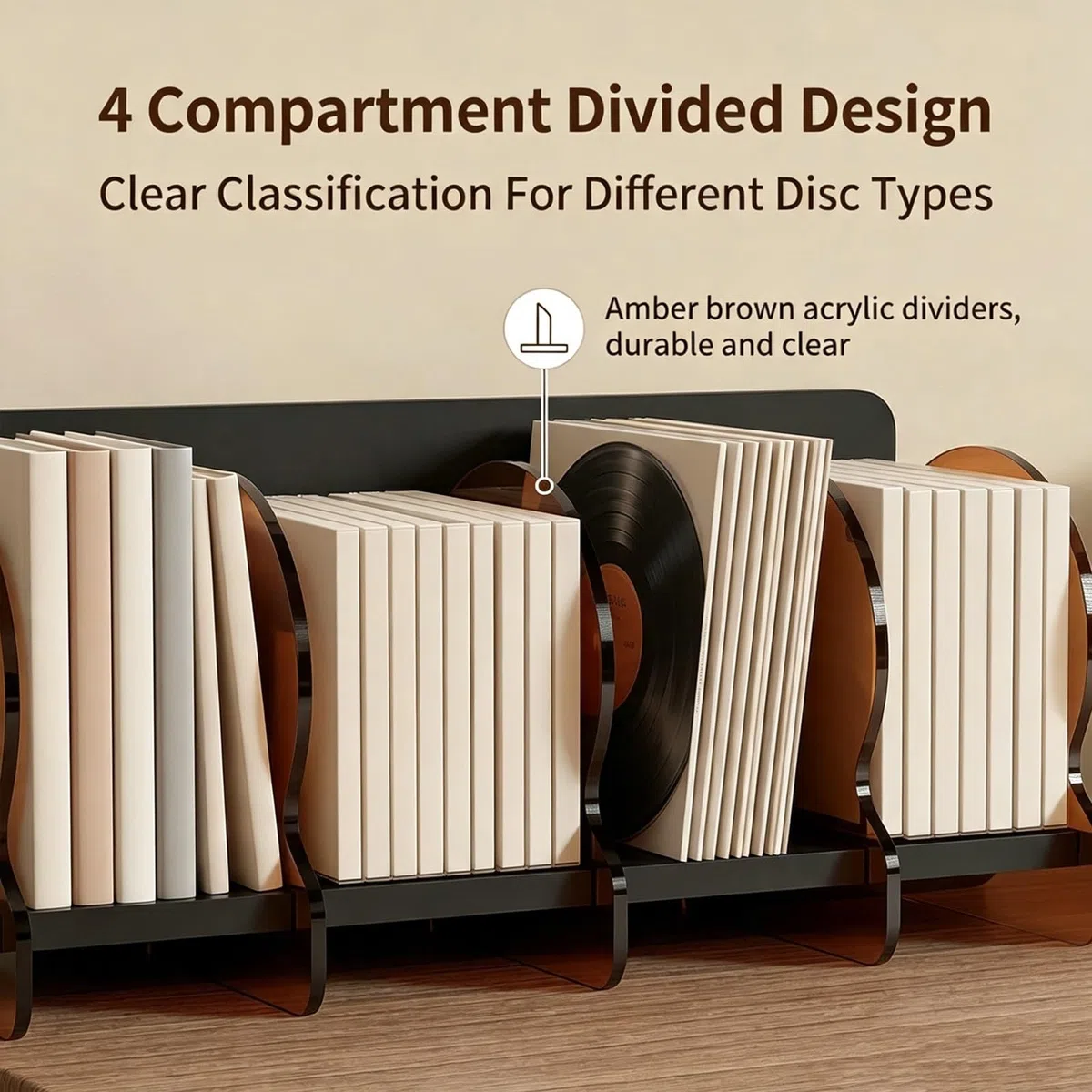 Estantería CD Vinilos 4 Compartimentos Organizador Mesa Librería Baja. | Estantería Madera Organizador Discos con Separadores Acrílicos Estante Multimedia Dormitorio.(Black)