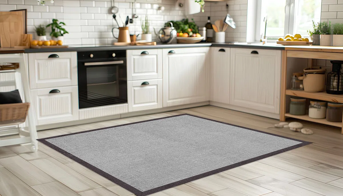 DobleUve Estudio Alfombra Vinílica Impresa Yute Marco Gris 47x80 | Antideslizante y Lavable para Cocina | Ideal para Verano