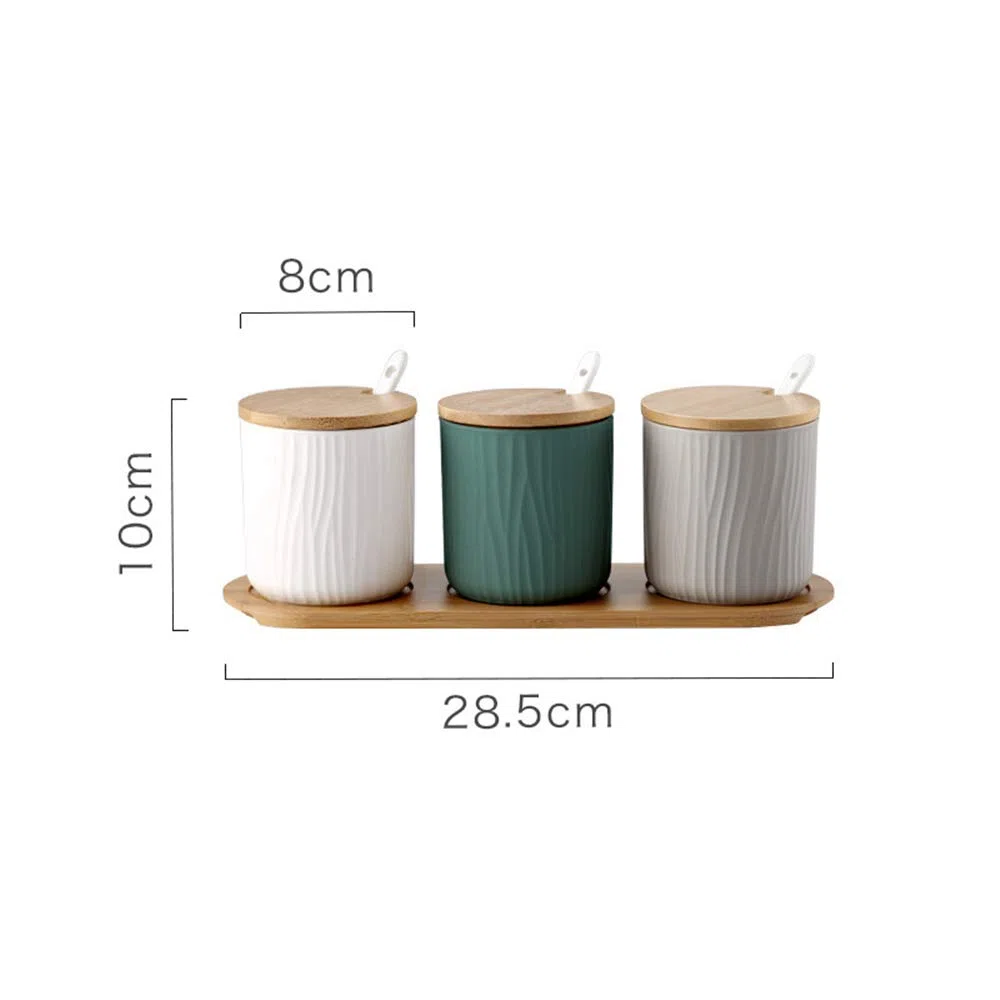 Juego de 3 Tres Colores Azucarero, azucarero de cerámica azúcar Pot con Tapa de bambú y Cuchara, Cocina