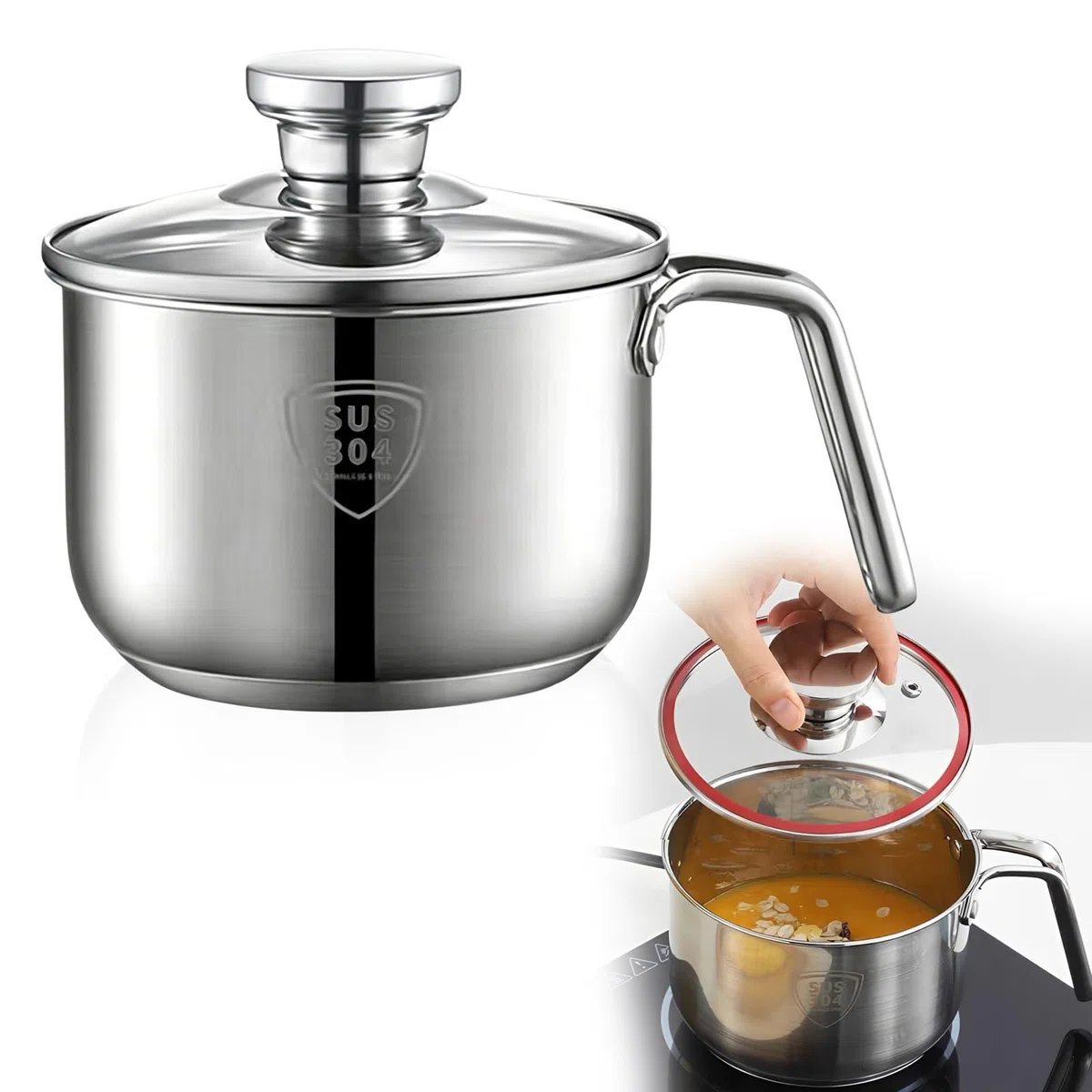Olla para leche de inducción de acero inoxidable: mini olla de leche de 18 cm, preparación de alimentos para bebés para leche y papillas (acero 304/11 cm de profundidad)