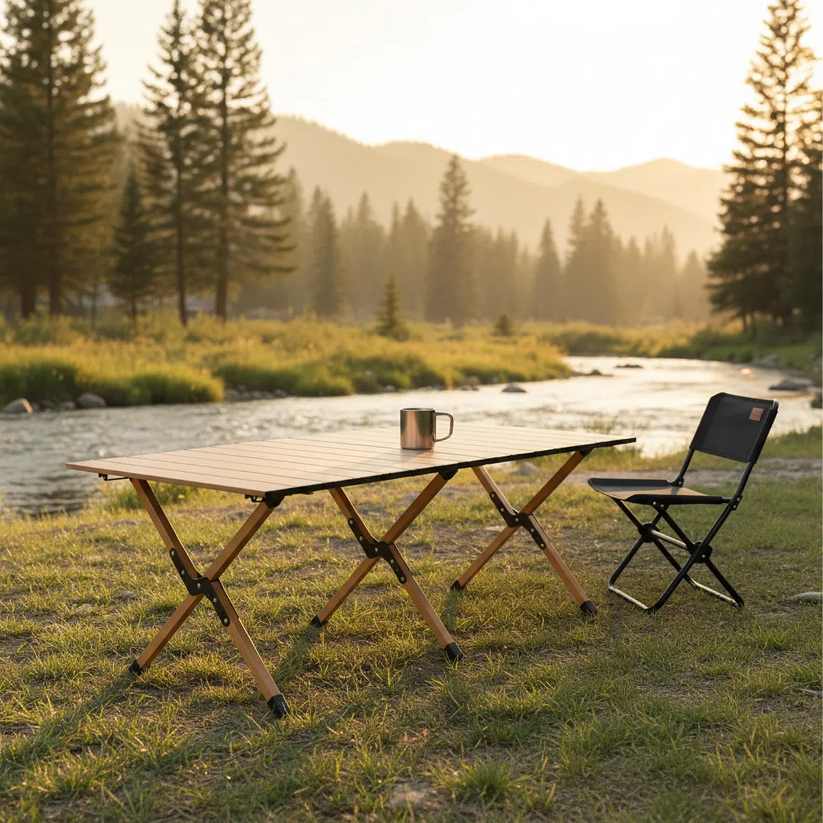 Relaxdays Mesa de Camping Plegable y Regulable en Altura, Efecto Madera, 44 x 120 x 60 cm, Bolsa, Natural