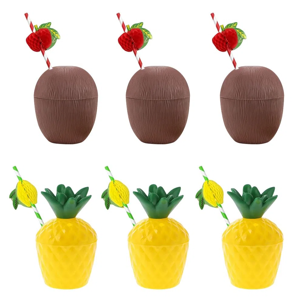 Vasos hawaianos Luau de coco y piña para bebidas hawaianas Luau tropicales, vasos reutilizables de plástico en forma de coco y piña para playa, verano, fiesta tropical hawaiana