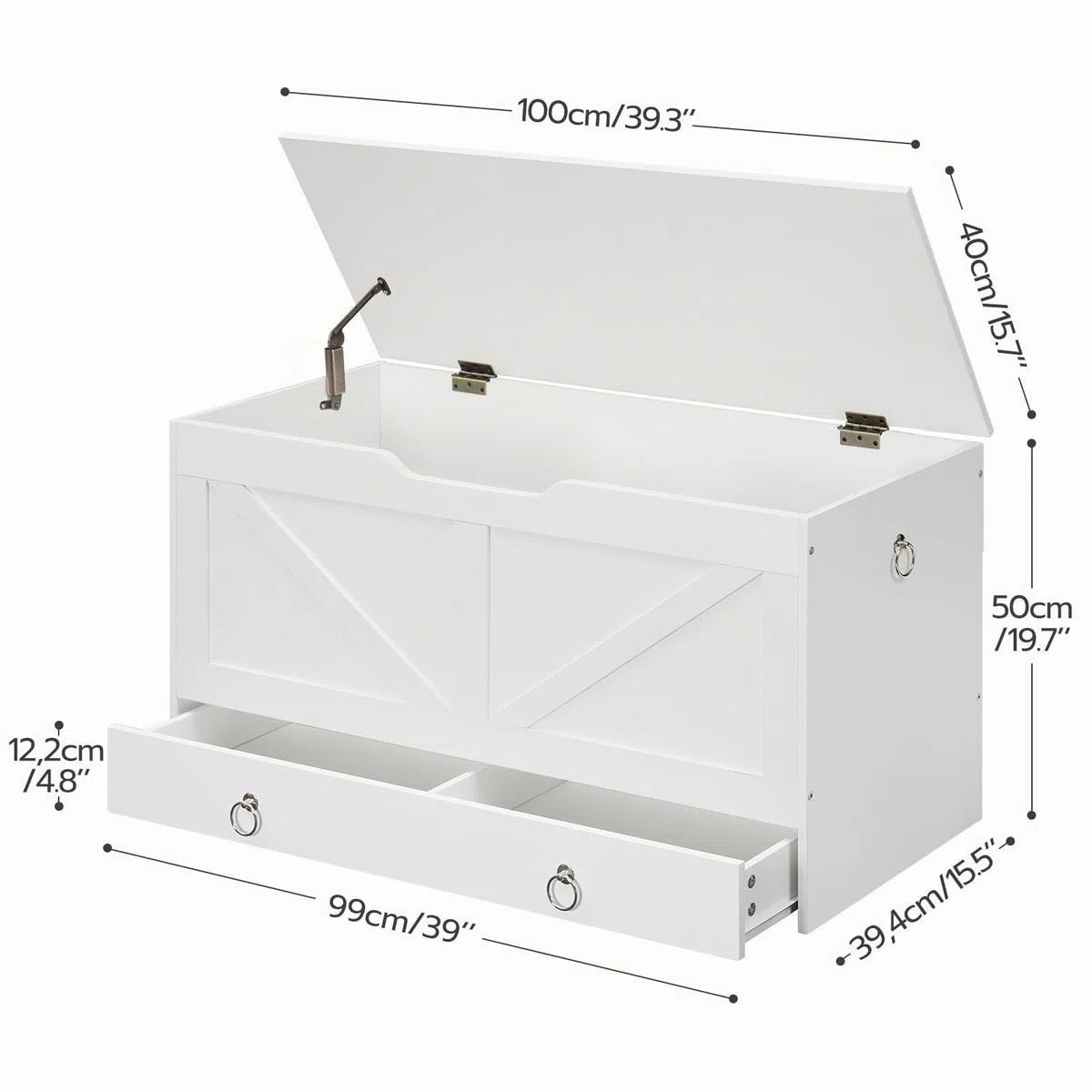 HOOBRO Taburete de Almacenamiento y Banco para Zapatos, 100 cm, Cajón, Carga 100 kg, Bisagras de Seguridad, Apertura U, Blanco EWT710CW01G1