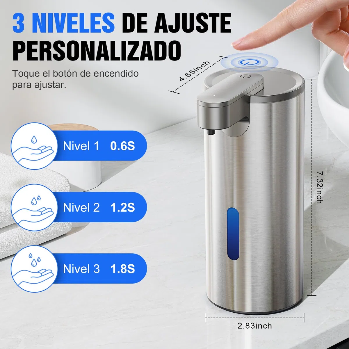 Fantictas Dispensador de jabón automático sin contacto, acero inoxidable, 11,5 oz, 3 niveles ajustable, dispensador de jabón de manos con bomba de sensor recargable para cocina y baño jabón de espuma
