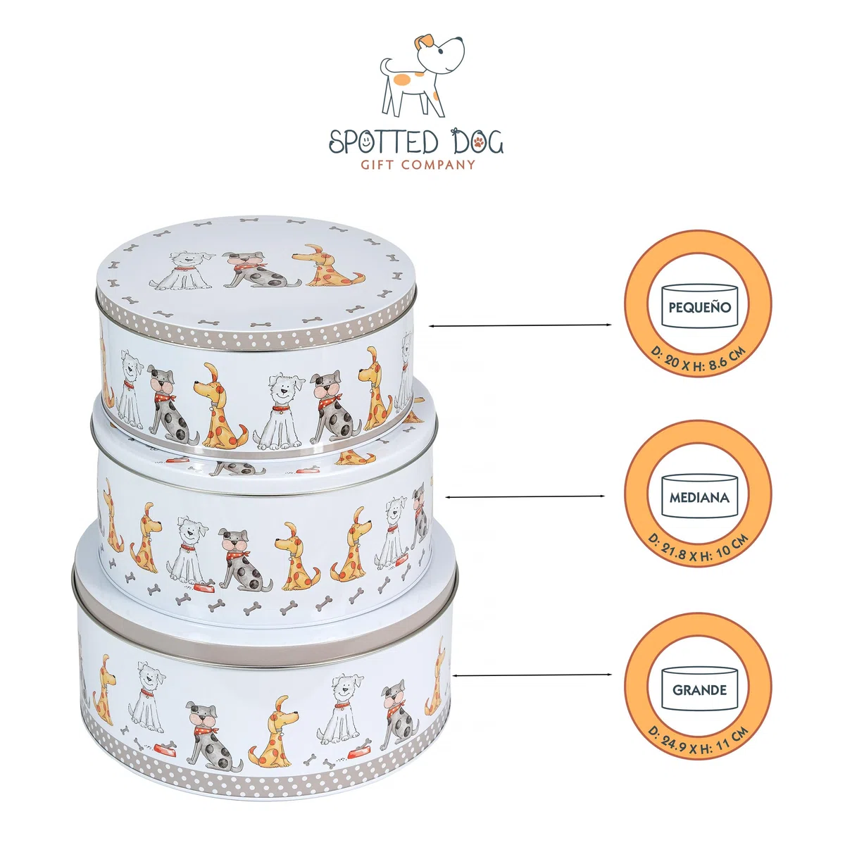 SPOTTED DOG GIFT COMPANY Juego de 3 Latas Almacenamiento para Tartas Redondas, Cajas para Galletas y Pasteles de Metal, Apilables Herméticos, Pequeño 20x9cm, Mediano 22x10cm, Grande 25x11cm - Perros