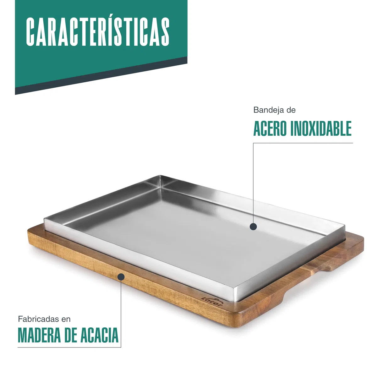 LACOR - 60831 - Llauna de Arroz, 26 x 18 cm, Bandeja de Acero Inoxidable, Base de Madera de Acacia, Ideal para Arroces, Guisos y Asados, Apta para Horno y Lavavajillas