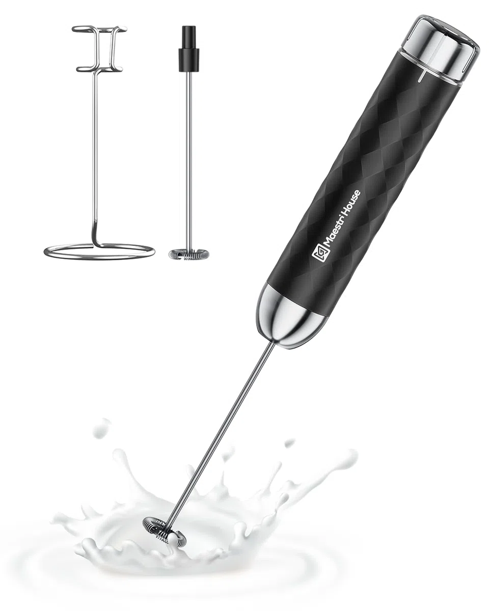 Maestri House Espumador de leche, Batidora con Control de Velocidad Continuo, Espumador Leche Recargable con Batidor y Soporte de Acero Inoxidable, Batidor Electrico te Matcha