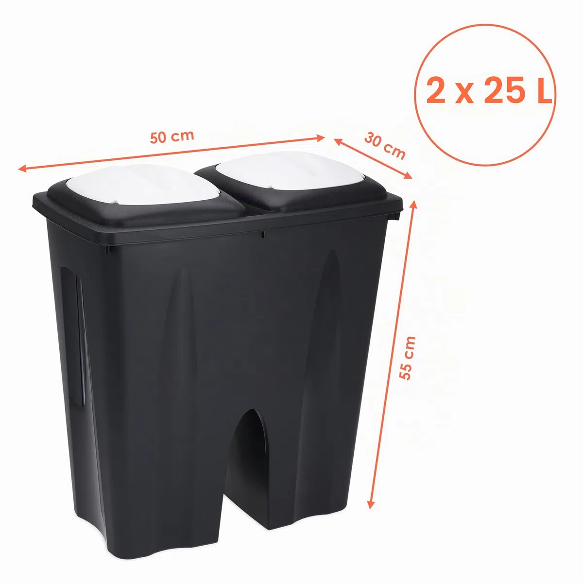 Duo - Cubo de basura doble rectangular de 50 litros (2 compartimentos de 25 l). Cubo separador de basura, color negro, con tapa
