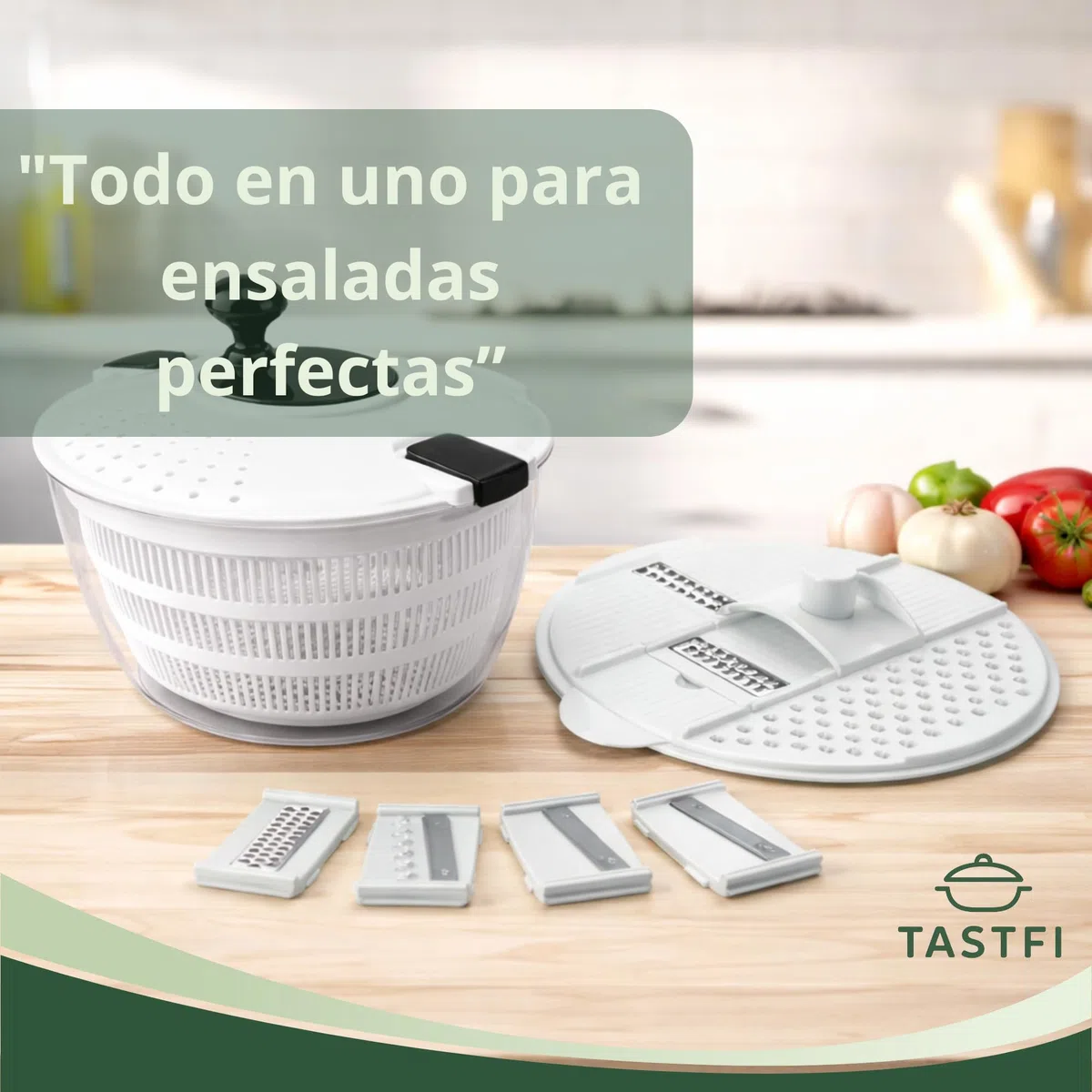 Centrifugadora de Lechuga 5L,Escurridor de Ensalada con Base Antideslizante, Secador de Lechuga BPA Free con Colador y Bol, Incluye Tapa con Cortador de Verduras y 6 Cuchillas Intercambiables