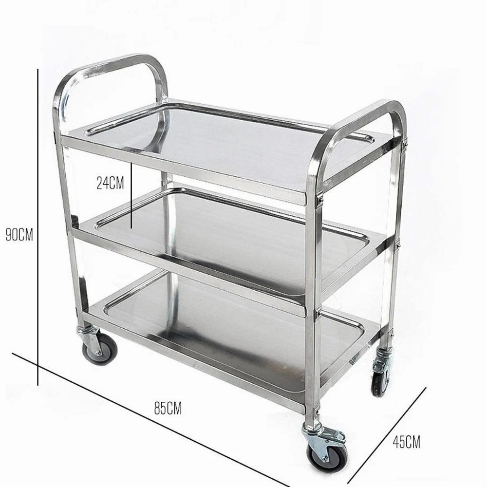 Carrito de servicio – Carrito utilitario de acero inoxidable de 3 niveles para restaurantes, hoteles y cocinas – Solución de almacenamiento rodante