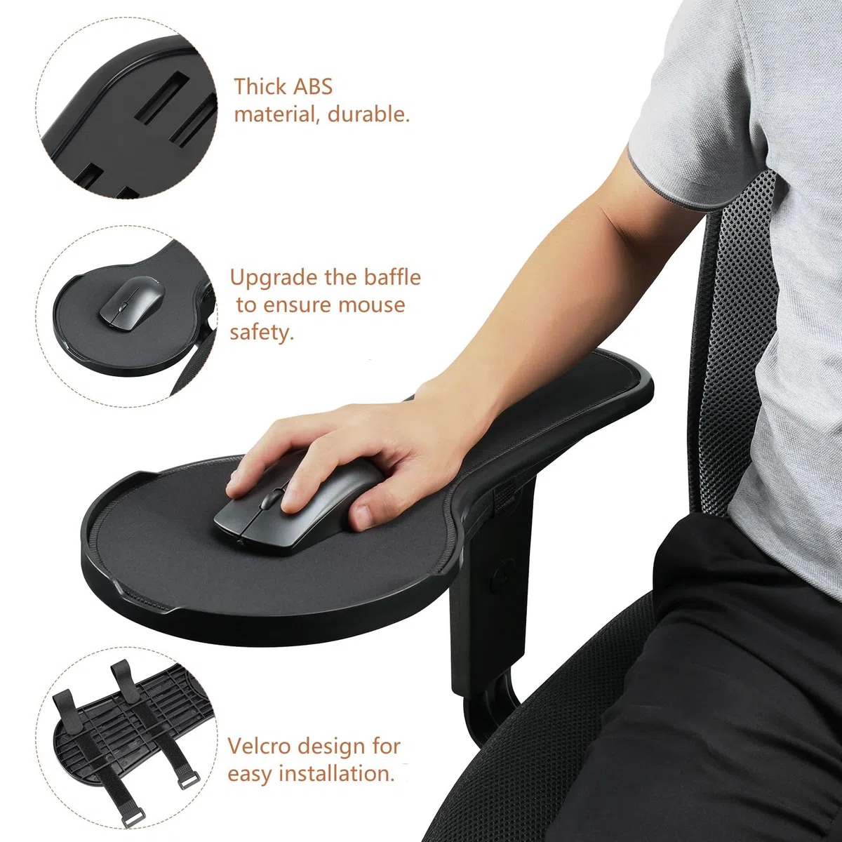 Reposabrazos ergonómico Ajustable para Silla, Bandeja de Plataforma de extensión de Mouse con Deflector de Mouse para Evitar caídas, se Fija a la Silla, Color Negro