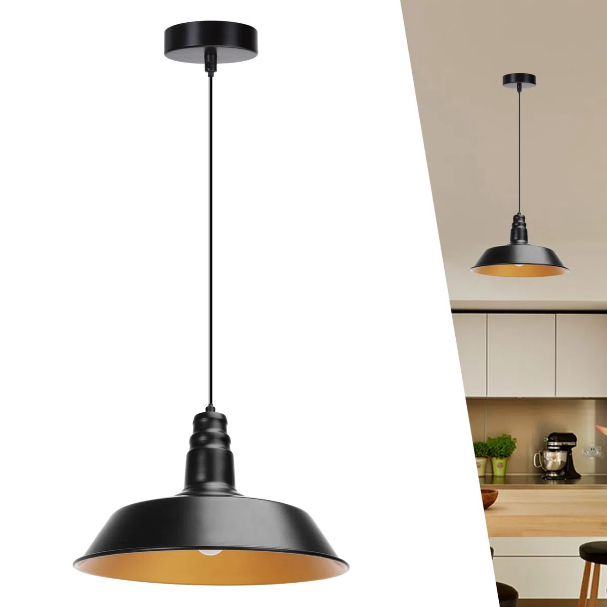 Aigostar Lámpara de techo Metal Lámpara Colgante negro y oro hemisférico E27 Industrial Estilo moderno para decorar el salón， pasillo， dormitorio， comedor etc
