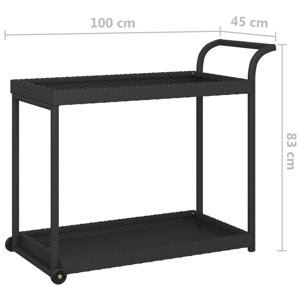 Carrito de bar negro de ratán sintético con marco de acero recubierto de polvo, 4 ruedas, con espacio de almacenamiento y estante para comedor y terraza (100 x 45 x 83 cm), color negro