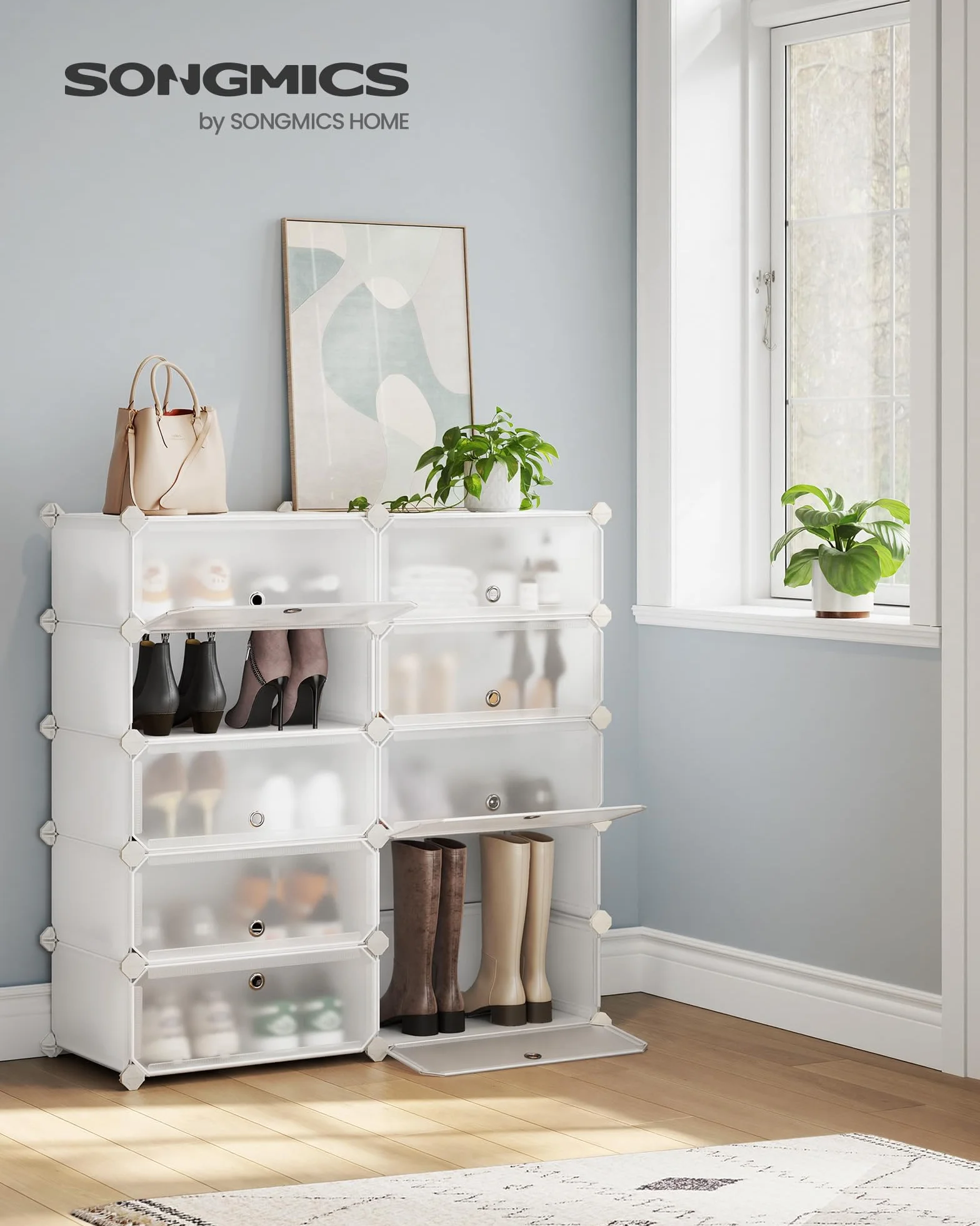 SONGMICS Zapatero Modular con 10 Compartimentos, Estantería Modular de Plástico, DIY, Zapatero con Puerta, con Martillo, Blanco LPC010WH01