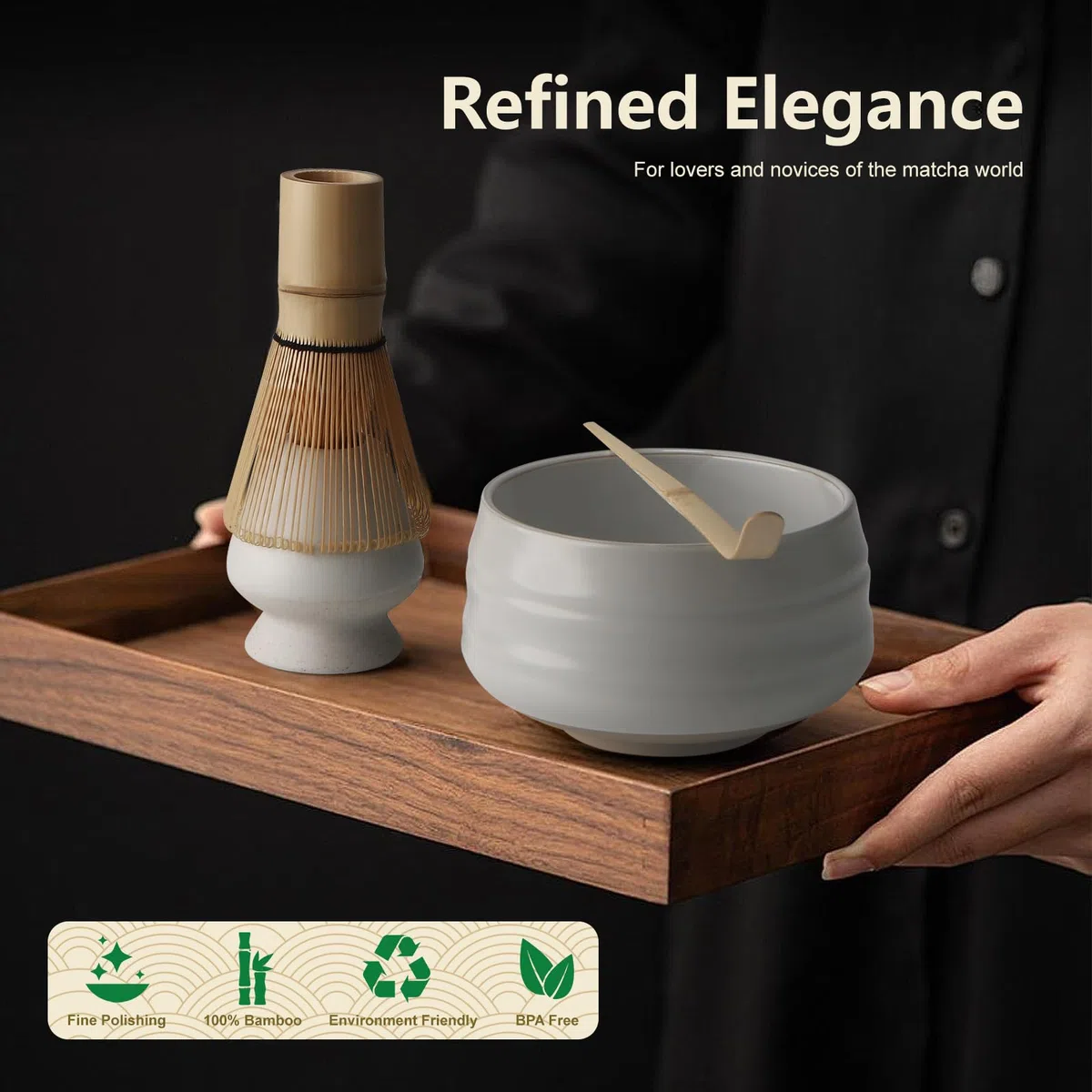 matcha Set de 7 piezas, broom, tea set con cucharilla, soporte para batidora, escoba, pala y tamiz, accesorios tradicionales de ceremonia japonesa de té, mejor regalo, blanco