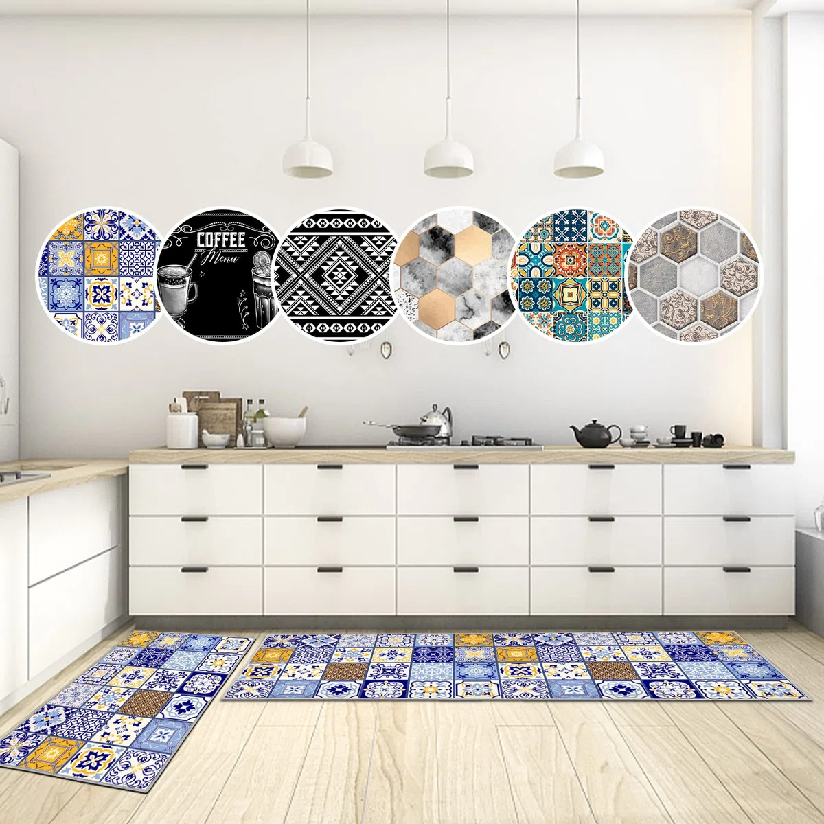 Juego de 2 tapetes de Cocina Antideslizantes y Lavables, tapetes de Cocina antifatiga para decoración del hogar, Oficina, Escritorio de pie (F, 43 x 75 + 43 x 150 cm)