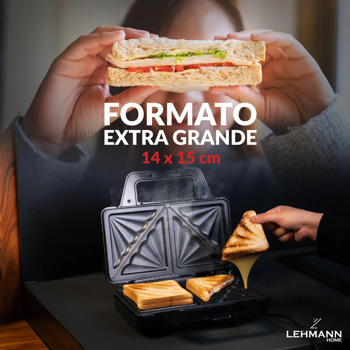 LEHMANN Sandwichera XXL - Placas Extra Grandes - Tostadora Sandwichera Grande - 2 Sándwiches Americanos en Forma de Concha - Revestimiento Antiadherente - Indicador de Listo - Limpieza Fácil, 1000W