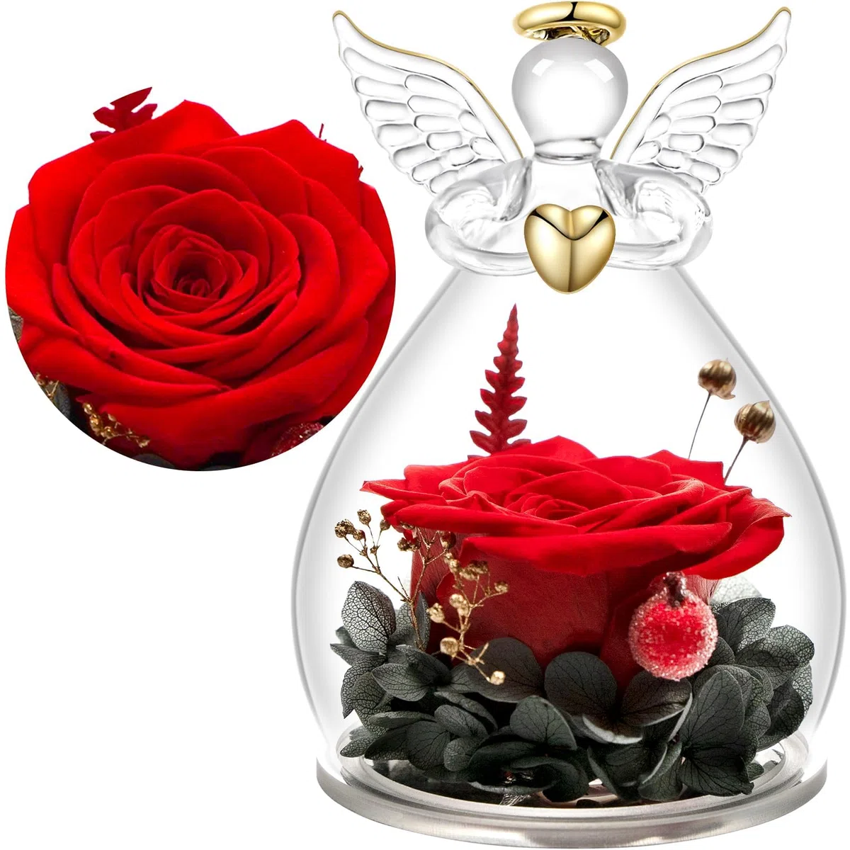 Yamonic Rosa Eterna Regalo Mujer,Rosa Eterna Natural Preservada con Figura Ángel Regalo para Mama, Flores Preservadas Regalos Cumpleaños Mujer Abuela,Regalos Originales Navidad Dia de la Madre