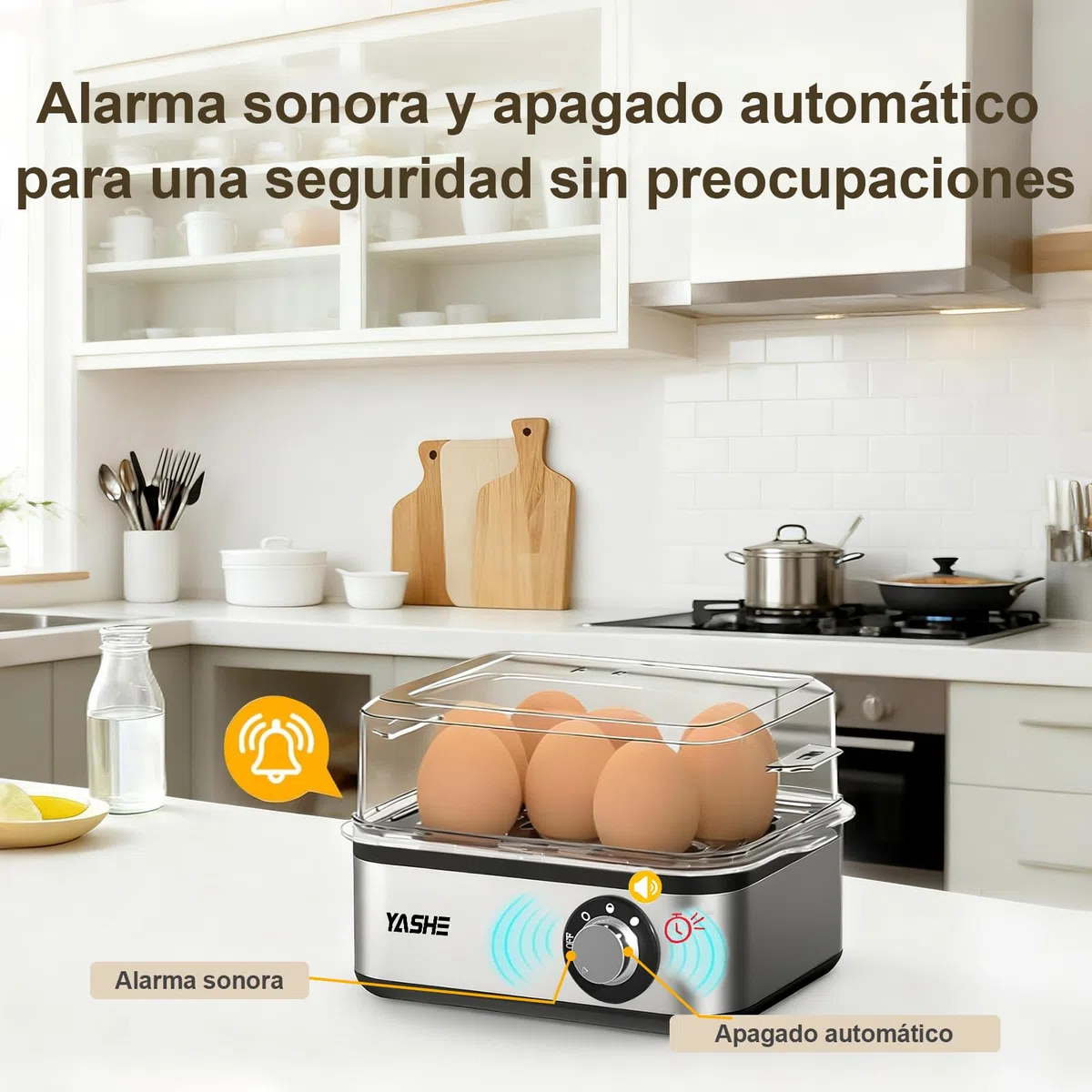 YASHE Cocedor de huevos, 8 huevos duros, para escalfar huevos, recipiente para tortillas y vaso medidor, Fabricado en acero inoxidable, Incluye función para escalfar huevos, libres de BPA