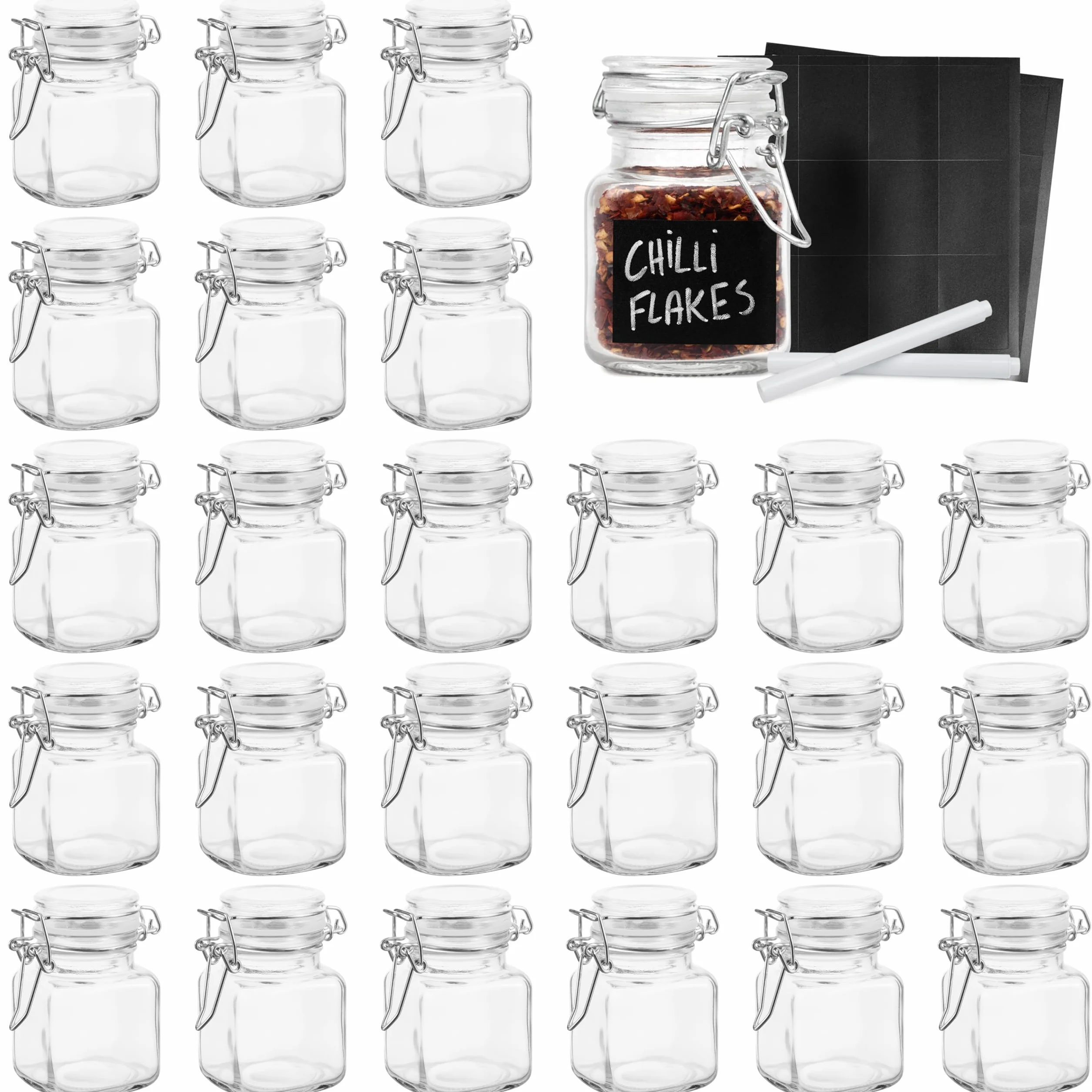 Oak & Steel - 24 Frascos de Vidrio Pequeños con Tapa de Clip, 100ML - Herméticos y Duraderos Tarro de Vidrio con 48 Etiquetas y 2 Tizas - Perfecto para Hierbas Especias Mermeladas Conservas