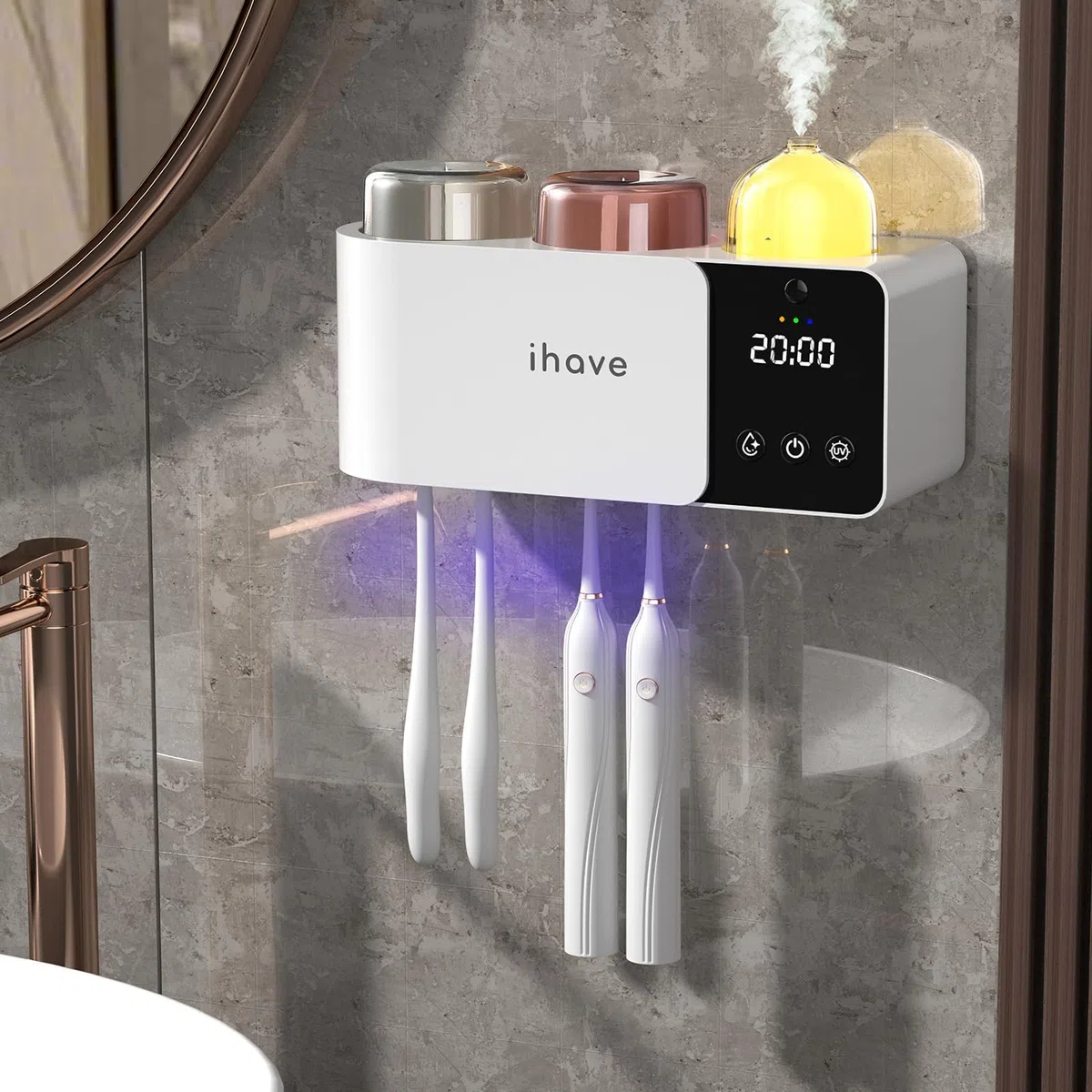 iHave Soporte para cepillo de dientes montado en la pared con desinfectante para cepillos de dientes y difusor de aromaterapia, desinfección de ciclo automático, secado con ventilador calentado