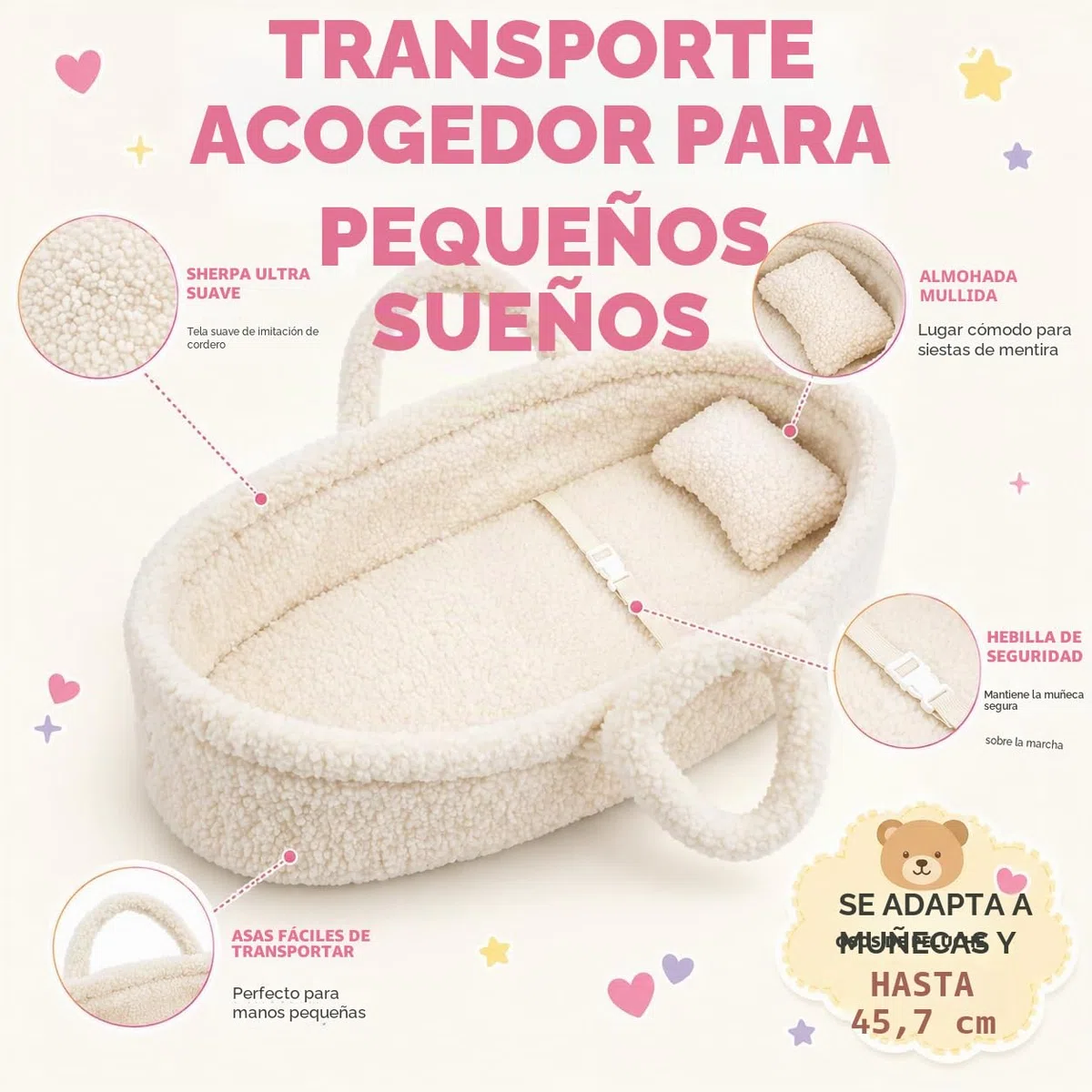 Cozy Dream Moisés para Muñeca - Portador Portátil para Muñeca de Bebé - Se Adapta a Muñecas American Girl u Osos de Peluche de hasta 18"(46cm) - Blanco