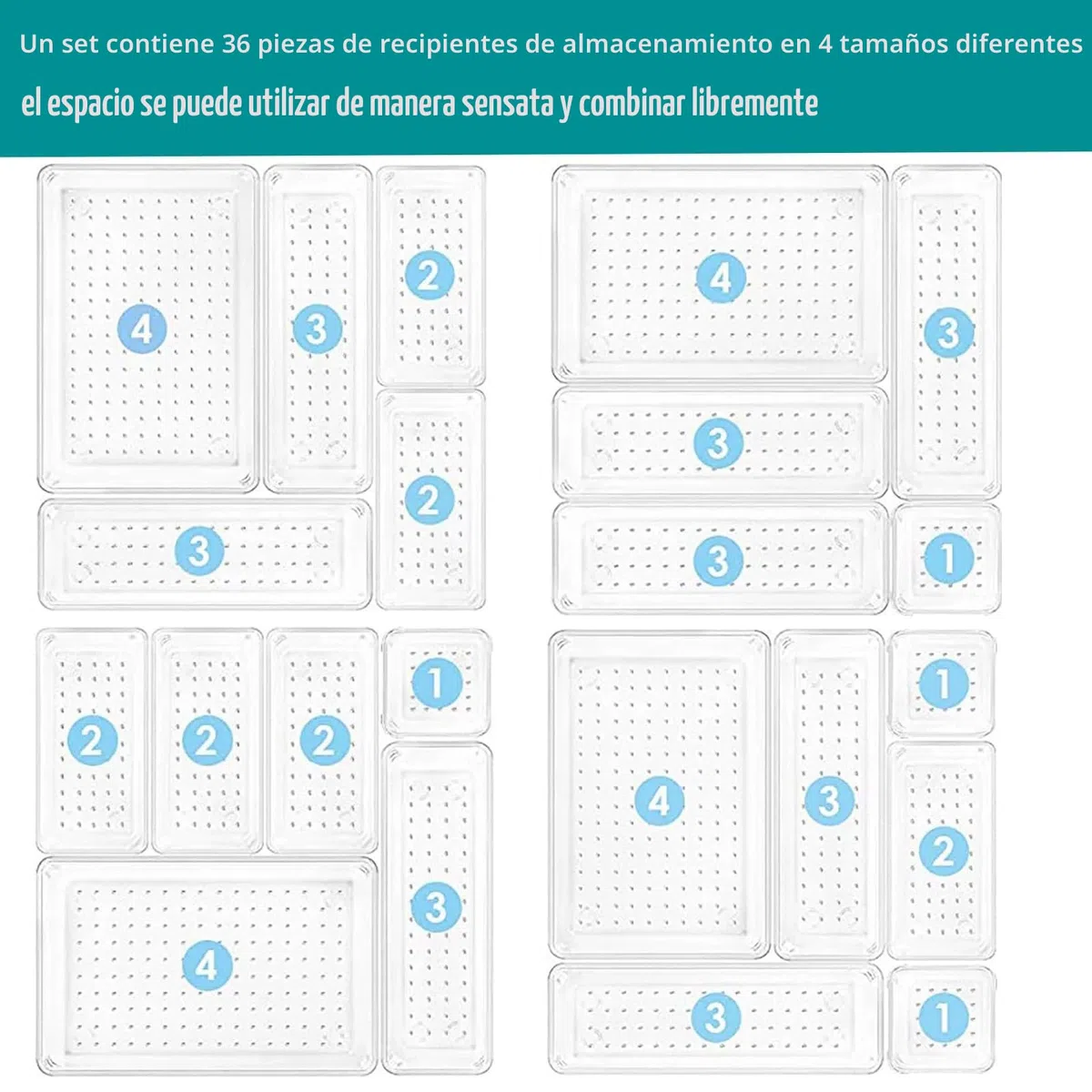36 Piezas Organizadores de Cajones de Plástico Transparente, Organizador Maquillaje Organizador Cajones Escritorio de 4 Tamaños,Bandejas de Almacenaje Para Joyas, Oficina, Cocina,Baño